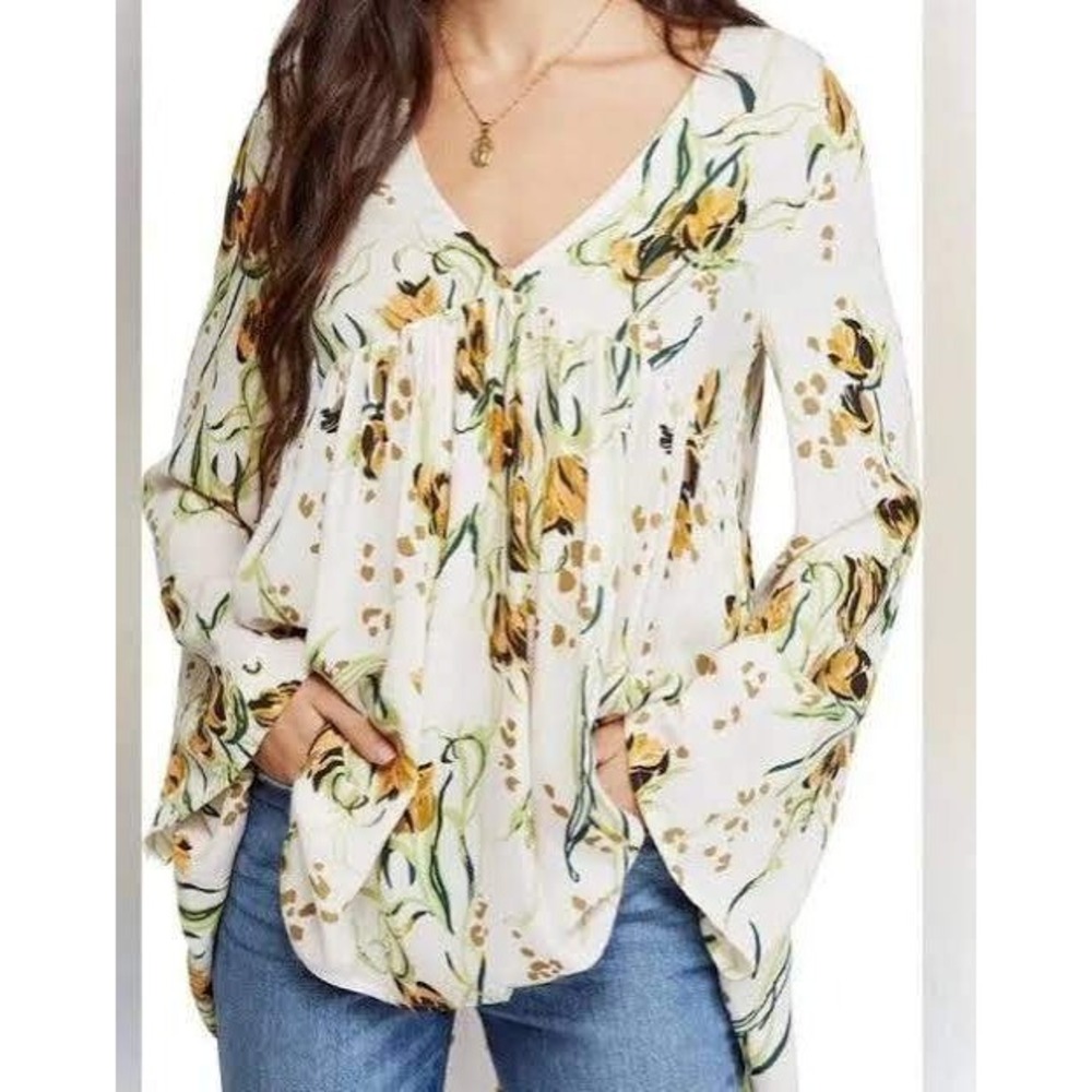 Free People M Bella Babydoll Tunic Top Dress Ivory Yellow Floral Bell Sleeve